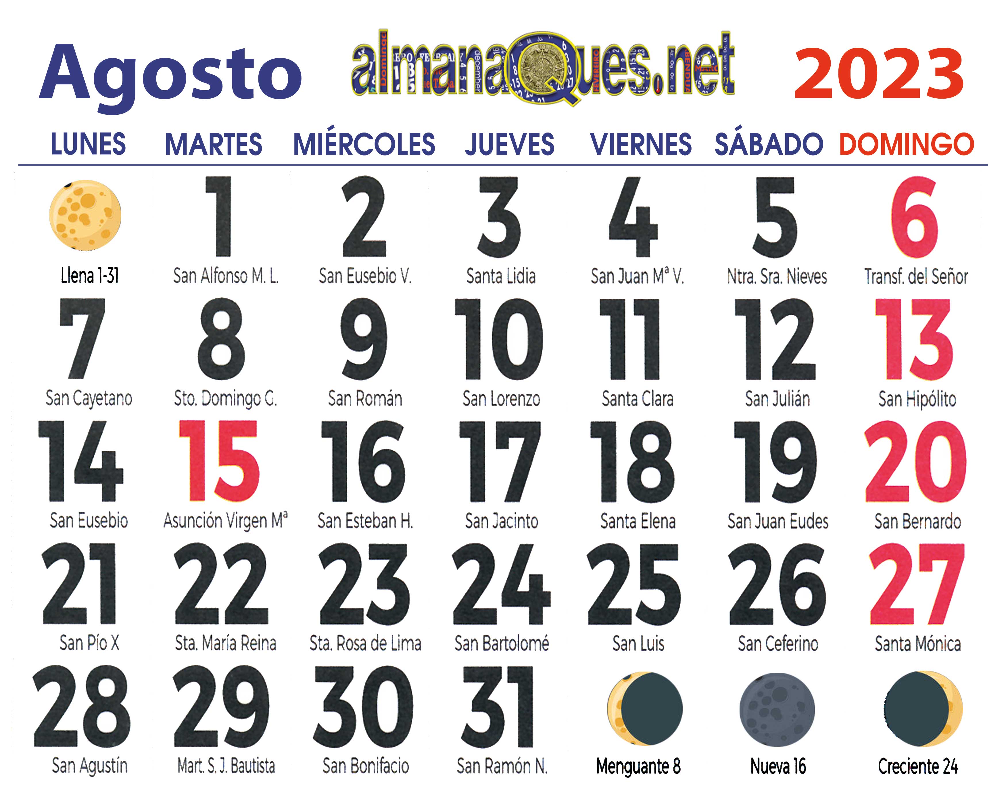 Calendario 2023 Con Santoral Y Lunas