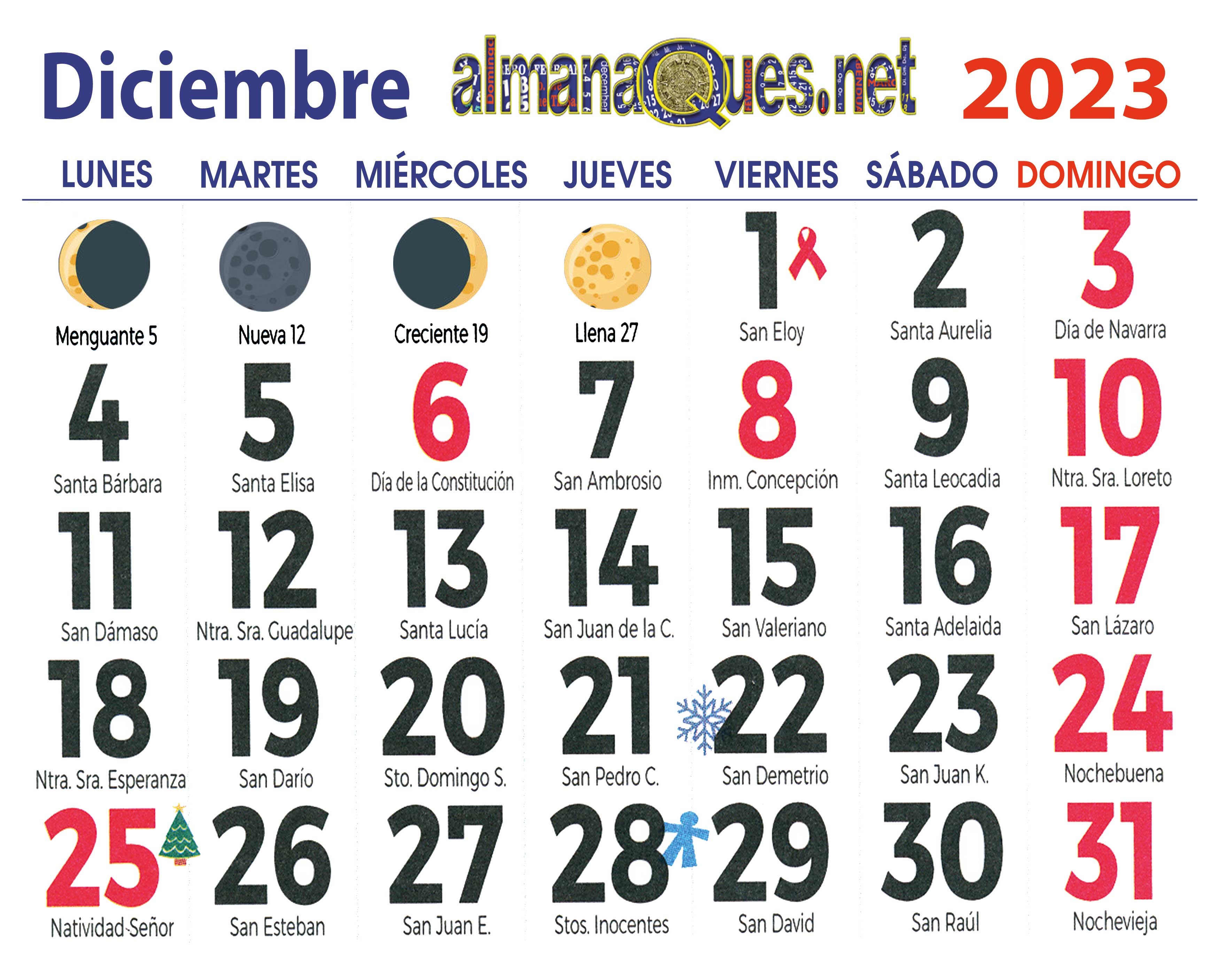 calendario 2023 con santoral y lunas