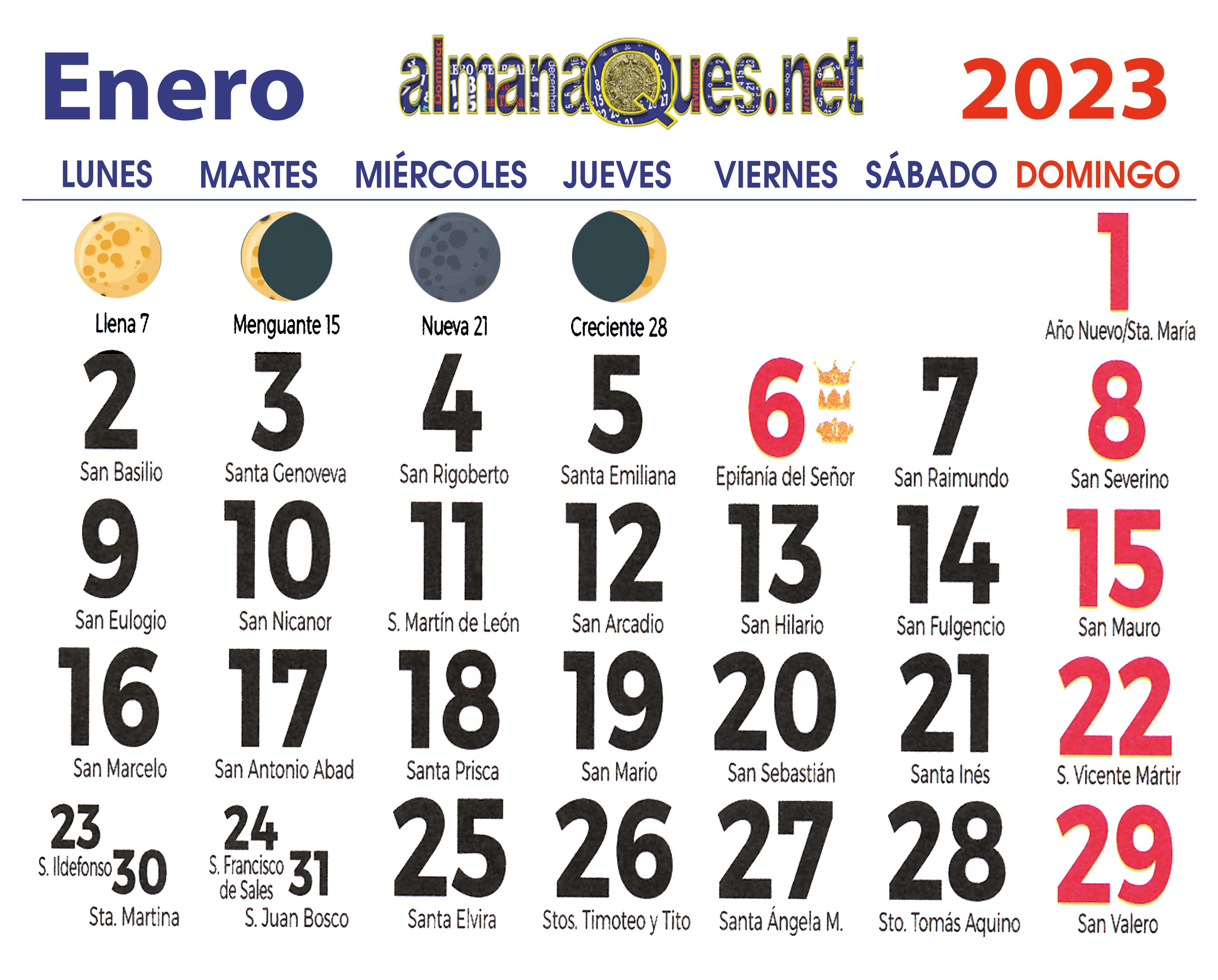 calendario 2023 con santoral y lunas