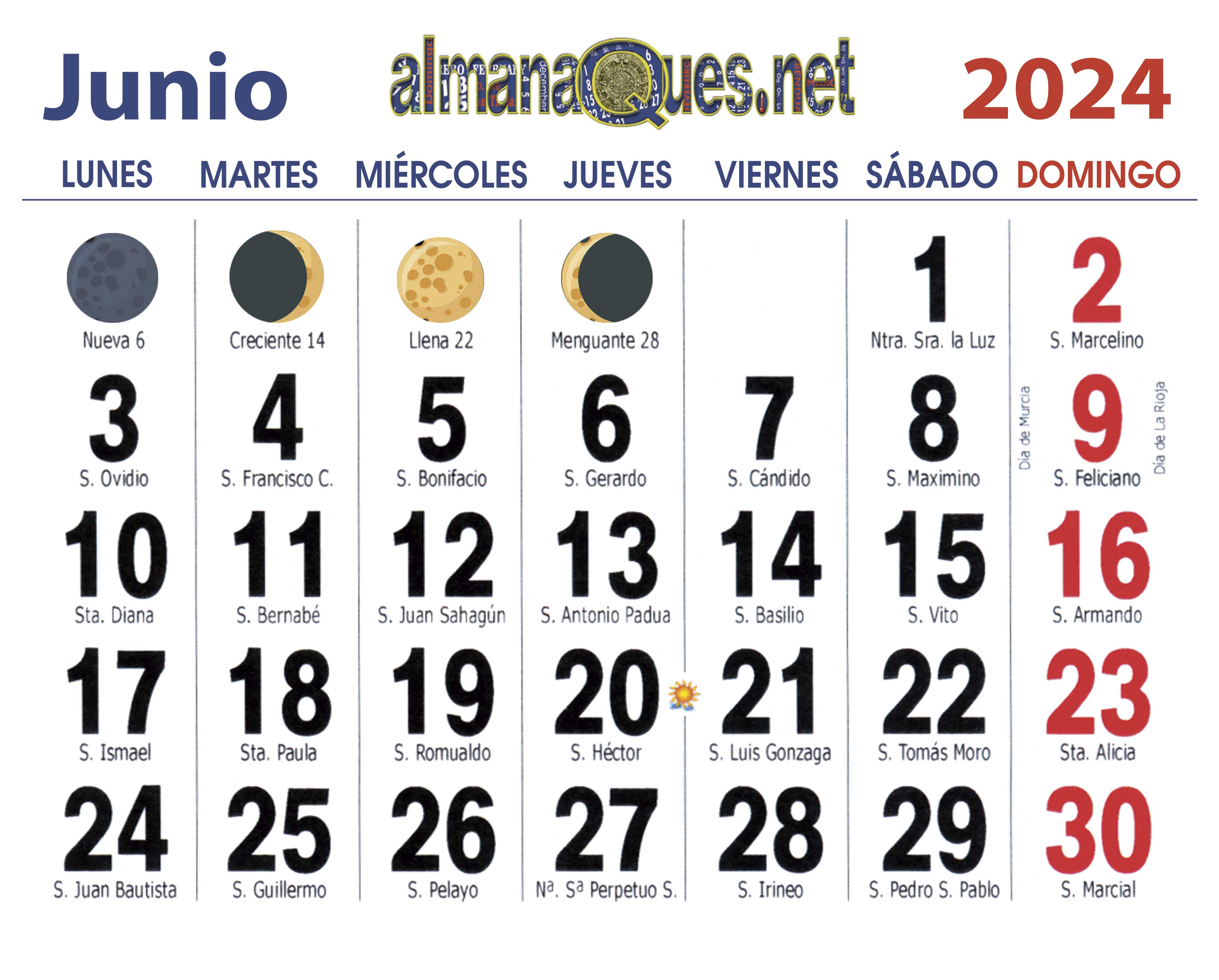 calendario 2024 con santoral y lunas