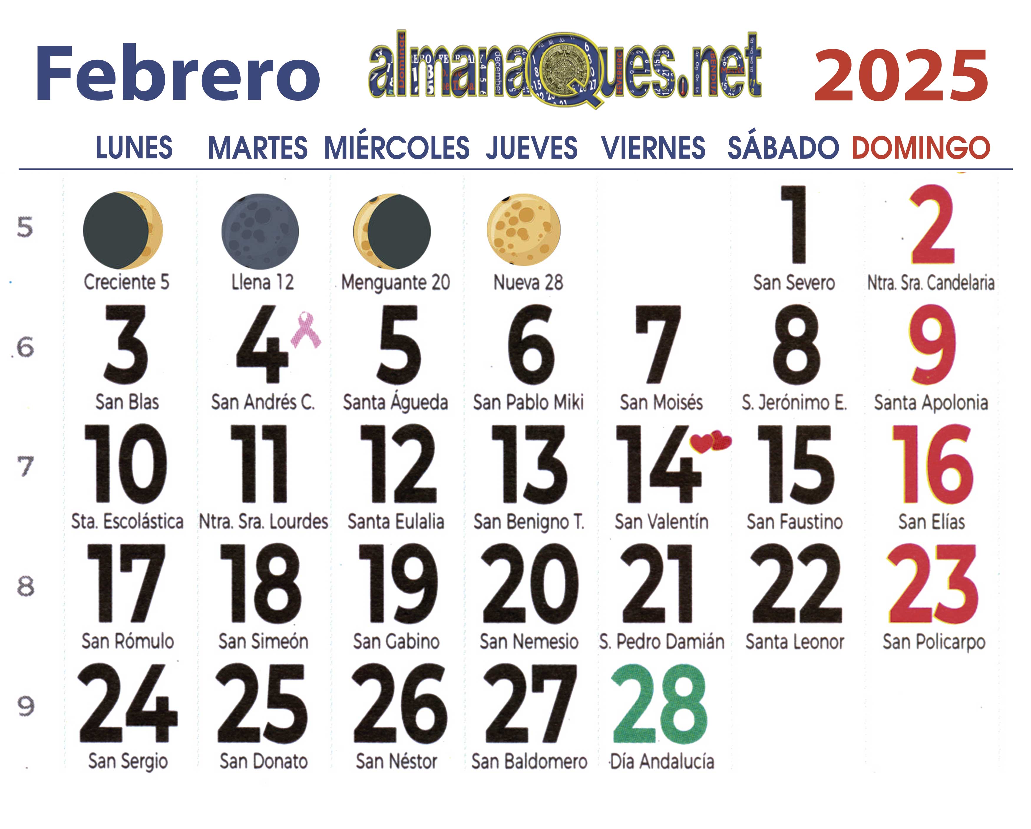 calendario 2025 con santoral y lunas