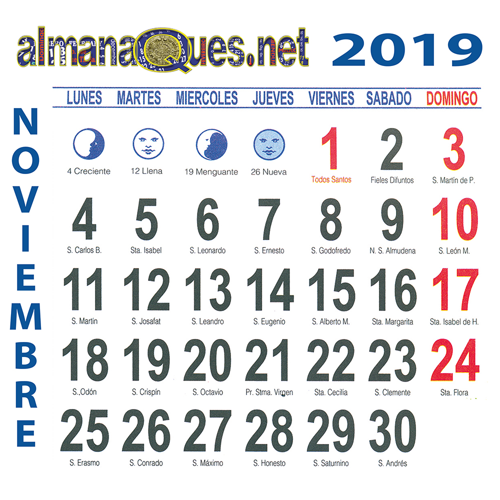 Calendario 2019 Con Santoral Y Lunas